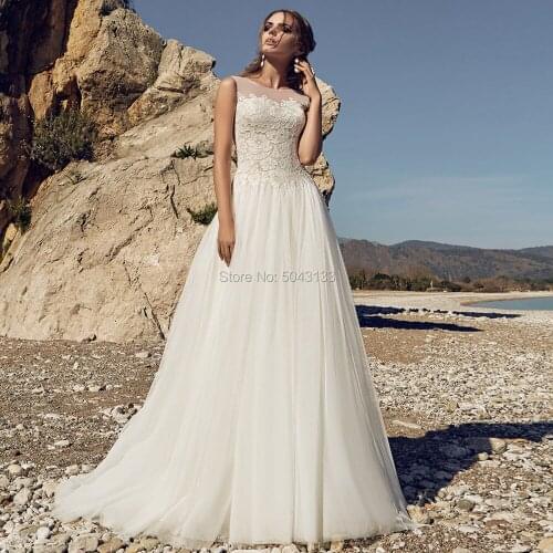 Robe de Mariee Bohemian Wedding Dresses Sexy Sheer Neckline Sleeveless Open Back Lace Wedding Bride Gowns Floor Length 2020