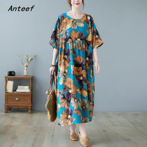 Short sleeve cotton vintage floral dresses for women casual loose long woman summer dress elegant clothes 2021