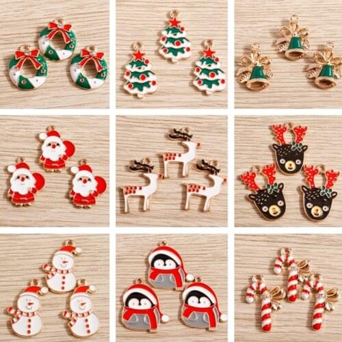 10pcs/lot Enamel Christmas Charms for Jewelry Making Santa Claus Tree Deer Bell Glove Charms Pendant for Necklaces Earrings Gift