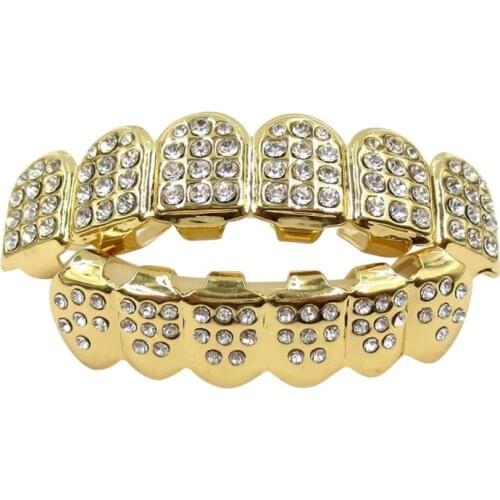 14K Gold Teeth Silver Plated With Diamond Teeth Grillz Top Bottom Iced Out CZ Hip Hop Tooth Cap Grill Set Party Supplies