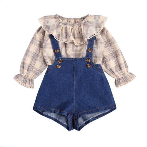 2Pcs Infants Baby Girl Suit Casual Outfits Long Sleeve Ruffle Collar Plaid Pullover+Short Suspender Pants Set Fashion 2020