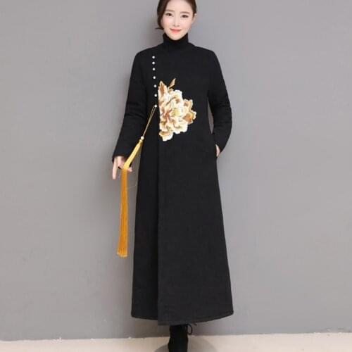 2020 Women Vintage Chinese Style Dress Lady Elegant Embroidery Tang Suit Thick Female Winter Retro Cotton Robe Cheongsam 11868