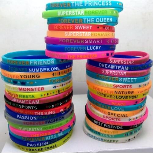 50pcs Colorful Girls Boys Charm Silicone Bracelets Forever Wristbands Wholesale Kids Childrens Birthday Christmas Party Gift