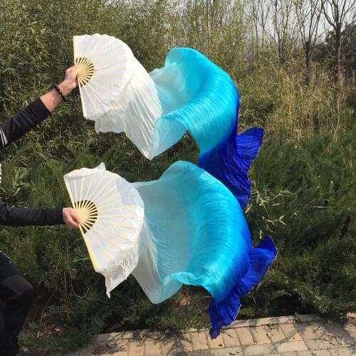 Free shipping belly dance Fan Veils colorful 100% silk fan Veil 3 colors White/Turquoise/Blue