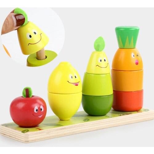 Wood fruit intellectual building blocks toys Enlighten childrens Fruit Pile Tower Cartoon puppet Baby stacking toy wood natural