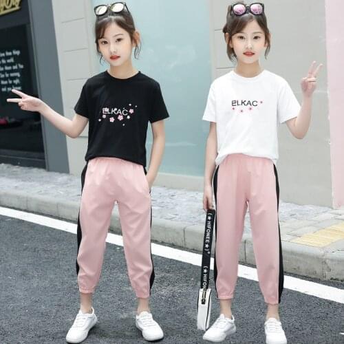 DIIMUU 4-13 Years Girls Clothing Sets Children Fashion T-shirt And Pant Set Kids Clothing Summer Short Sleeve Tops+Trousers Suit