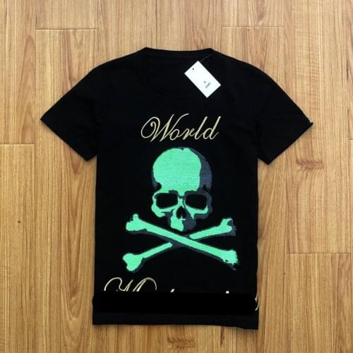 Womens cotton loose-fitting round collar with sequined colored skull and crossbones T-shirt