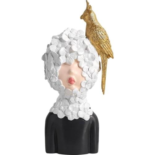 NORDIC MODERN STYLE PARROT & GIRL HEAD PORTRAITS RESIN ART&CRAFT ABSTRACTION FIGURES STATUE CREATIVE HOME DECORATIONS X3703
