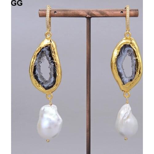 GG Jewelry Natural Freshwater Cultured White Keshi Pearl Gold Color Plated Quartz Agates CZ Hook Earrings Vintage For Women