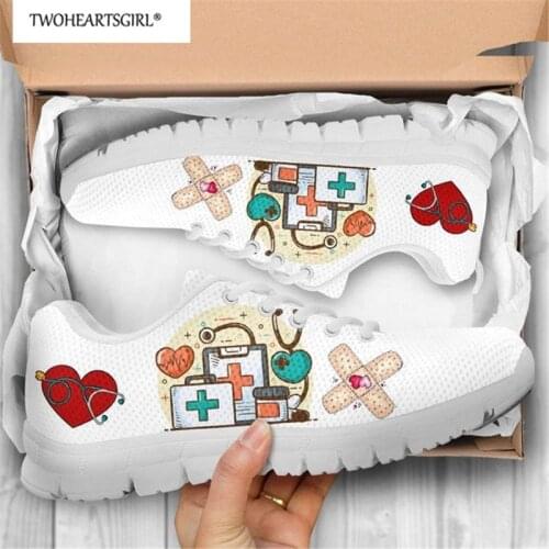 Nurse Shoes Summer Flats Women Shoes Cartoon Doctor Hospital Sketch Print Lace Up Sneaker Woman Nursing Shoes zapatos de mujer