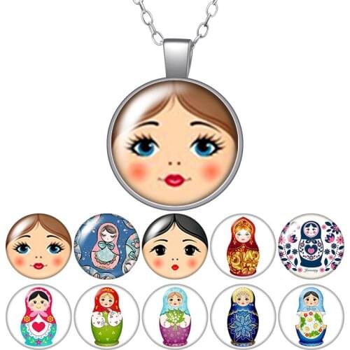 Matryoshka Doll Russian Nesting Dolls Round Pendant Necklace 25mm Glass Cabochon Women Girl Jewelry Party Birthday Gift 50cm