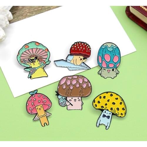 Cute Colour Mushroom Brooches Custom Rock singer Paper Plane Truffle Mushroom Botany Enamel pin Badges For Kids Friends Jewelry