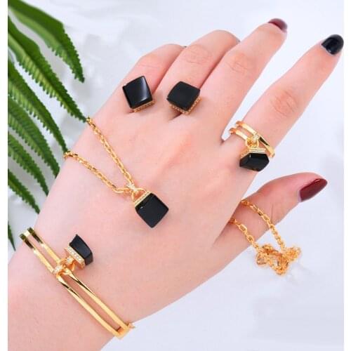 Missvikki Be Original New 4PCS Shiny Square Pendant Necklace Bangle Earrings Ring Jewelry Set Women Brides Wedding Jewellery