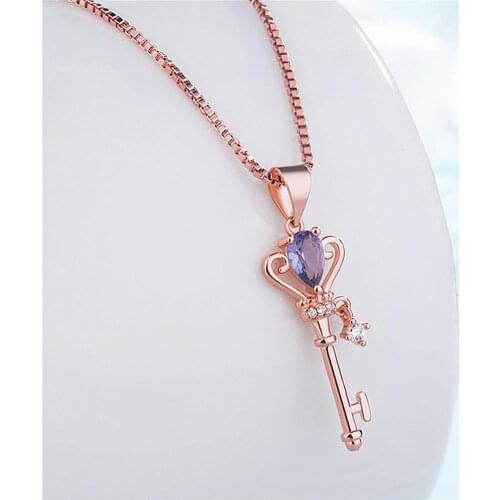 FASHION KEY PURPLE CRYSTAL AMETHYST GEMSTONES DIAMONDS PENDANT NECKLACES FOR WOMEN ROSE GOLD COLOR CHOKER JEWELRY BIJOUX GIFTS