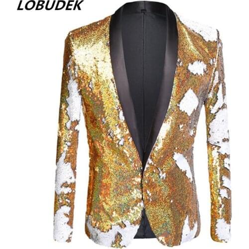 Men Gold Sequins Blazers European Style One Button Sim Night Club Male Singer Performance Casual Tuxedo Bar Stage Suit Jackets