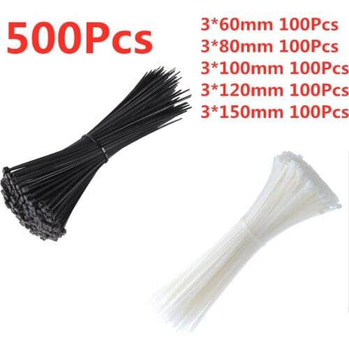 500Pcs 3x60 3x80 3x100 3x120 3x150mm Assorted Self-locking Nylon Cable Ties Black White Plastic Zip Tie Loop Wire Wrap Zip Ties