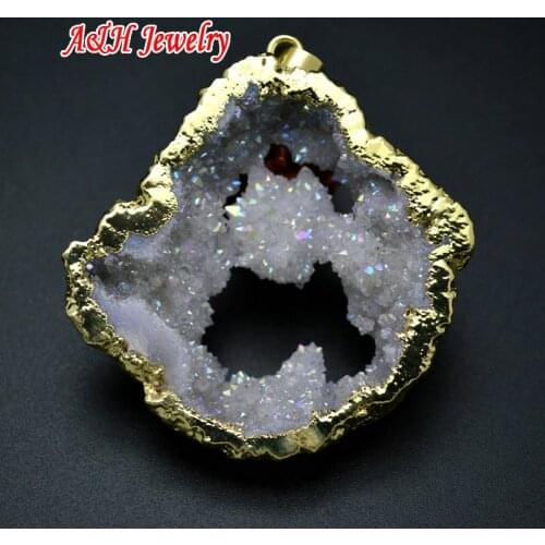 New Arrival Natural White Drusy Crystal Jewelry Rainbow Color Color Hollow Out Druzy Stone Pendants For Women Necklace 5pc/lot