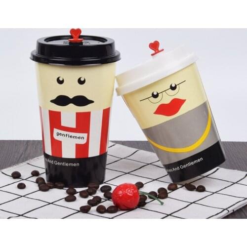 50pcs Anti-scalding thick disposable paper cup coffee hot drink milk tea party favor funny cup takeaway package 400ml with lid