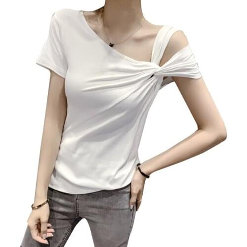 Korean Solid Asymmetrical Neck T shirts 2020 Summer New Short-Sleeved T-shirt Womens clothes Slim TShirt Harajuku shirt 96i