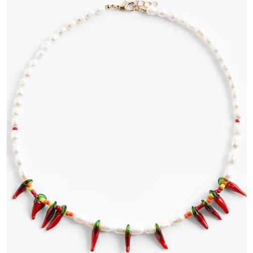 Trendy Party Jewelry Chili Peper Charm Necklace Real Pearl Stainless Steel Metal Choker Unique Beaded Handmade Necklace Women