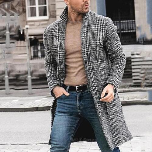Dropshipping Vintage Men Autumn Winter Plaid Lapel Collar Midi Woolen Coat Warm Slim Cardigan