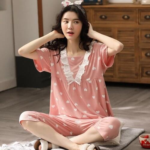 Womens Modal Pyjamas Pijamas Short-sleeved Calf-Length Pants Sleepwear Home Suit Women Pajamas 2-piece Set