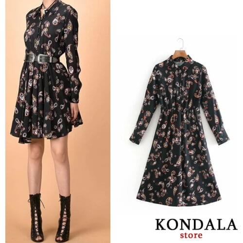 KONDALA Vintage Women Dress Za Floral Print Turn-Down Collar Shirt Dress Female Long Sleeve A-Line Mini Dress Mujer Vestidos