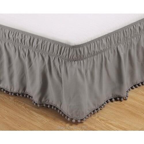 Pompom Fringe Bed Skirt Ruffle Elastic Bed Wrap Around Bedskirt Easy On/Off 16inch Drop White Black Gray Twin Full Queen King