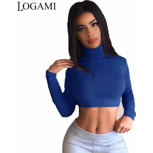 LOGAMI Turtleneck Long Sleeve Crop Top Autumn Winter Women T Shirt Sexy Crop Tops