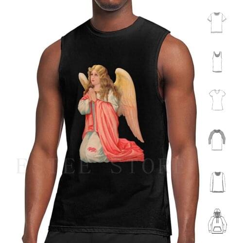 An Ancient Winged Angel With Long Hair Kneeling In Prayer Tank Tops Vest Sleeveless Christmas Paradise Angel Pink