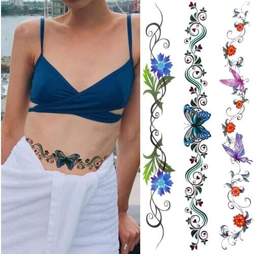Unique Waist Line Art Temporary Tattoos For Women Fake Body Art Tattoo Realistic Butterfly Flower Thorns Tatoos For Party Beach