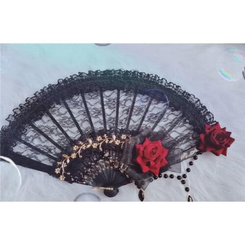 Gothic Vintage Black Lace Fan Handmade Red Rose Lolita Bead Chain Gold Flowers Harajuku Model Studio Fashion Handheld Prop