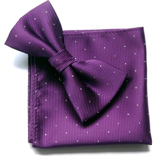High Quality Mens Purple Formal Bowtie Hanky Set Gentleman Cravat Pocket Square Handkerchief WIth Dots