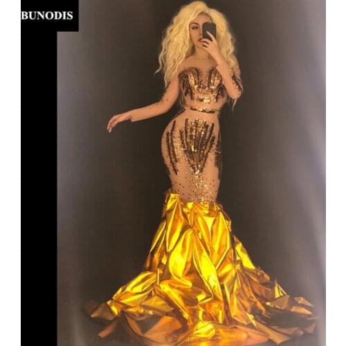 ZD321 Women Sexy Net Yarn Gold Skirt Sparkling Paillettes Crystals Nightclub Party Dancer Singer Stage Wear Bling Costumes