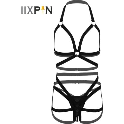 Womens Exotic Apparel Erotic Lingerie Suit O Ring Connected Elastic Band Costumes Hollow Out Strappy Underwear Sleepwear Sets