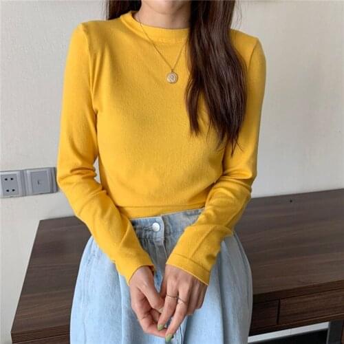 Long Sleeve T Shirt Solid Slim O-Neck Womens T-shirt Spring Autumn Casual All-match Top White Female Clothing Tee Shirt Femme