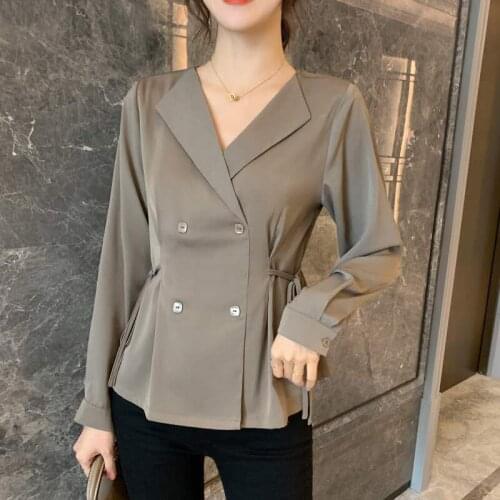2020 Autumn Spring Korean Simple Office Lady Thickened Imitation Silk Pullover Shirt Women Blouses Women Tops