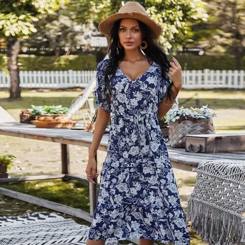Women Spring Flower Print Dress V Neck Casual Ruffles Chiffon Dress Female Boho Elegant A Line Holiday Party Vestidos