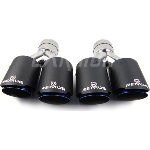 1 Pair Car Universal Dual Pipes Straight Cut Remus Sport Matte Carbon Fiber Exhaust Muffler Tips Burnt Blue Inner Pipe for honda