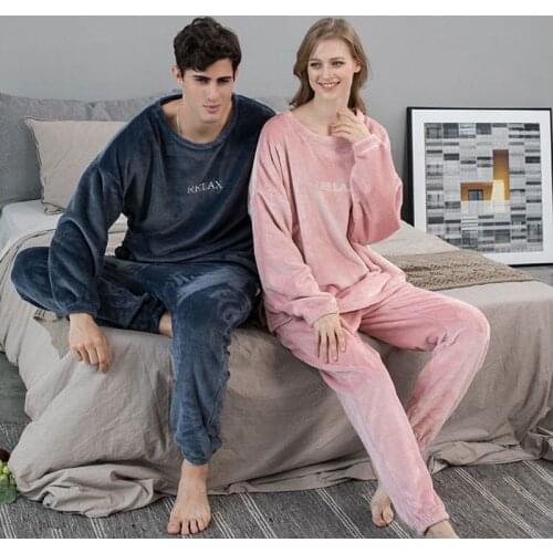 2020 Winter Flannel Thicken Homewear Lovers Style Men Women Two Pieces Pajamas Set Loose Sleepwear Bathrobe Suit Thermal Outfit