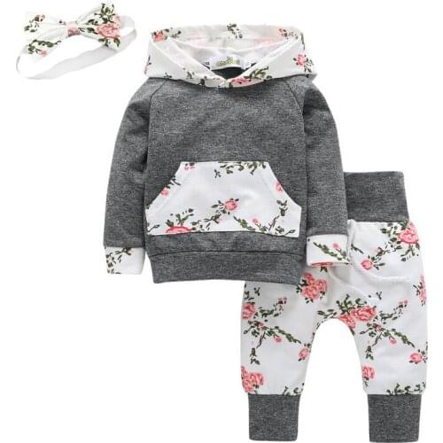 Infant Toddler Baby Girls Clothing 3pcsSet Long Sleeve Flowers Kangaroo Pocket Hoodie Tops+Pants+Headband Autumn Clothes