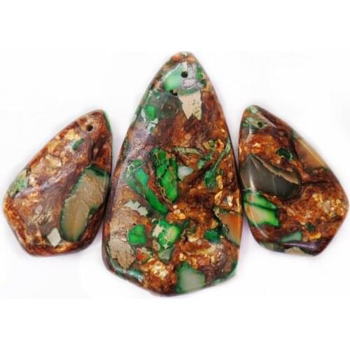 3Pcs/set 50x28x7mm/33x20x6mm Green And Bronze Sea Sediment Jasper & Pyrite Shield Pendant Bead DIY Jewelry Accessories S930