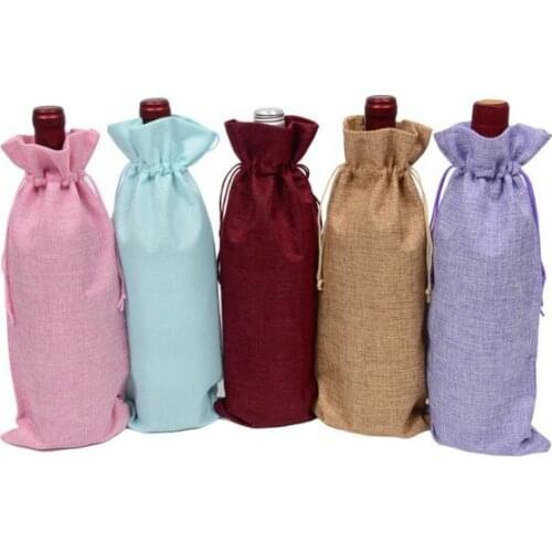 30pcs Rustic Natural Jute Burlap Wine Bags Drawstring Wine Bottle Covers Weddings Party Champagne Linen Wine Gift Package Bags