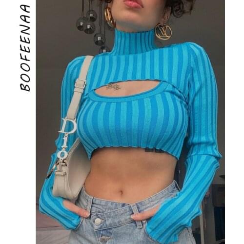 BOOFEENAA Y2k Striped Sweater Women Turtleneck Knitted Long Sleeve Crop Tops Two Piece Set Sexy Indie Vintage Pullovers C88-EZ20