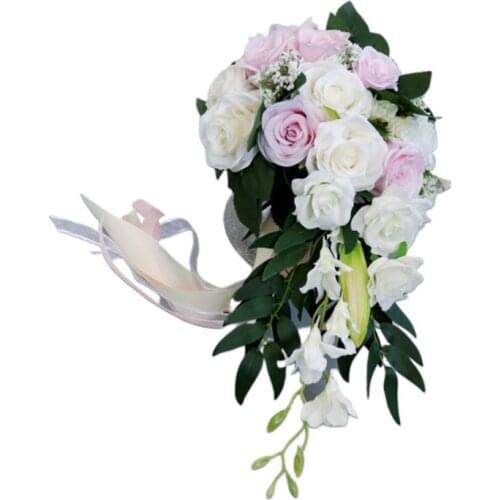Romantic Wedding Bridal Waterfall Bouquet Artificial Rose Flowers with Ribbon