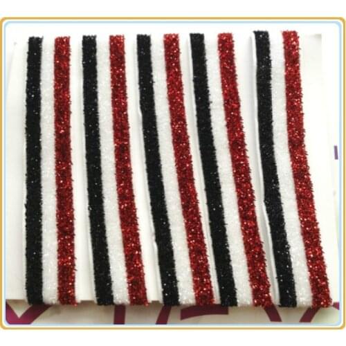 Price Negotiated) 5/8" Black / White / Red Stripe Metallic Velvet Glitter Elastic Ribbon