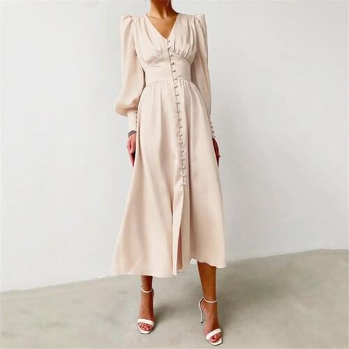 Elegant Satin Lantern Sleeve a-line Women Dress chic V-neck High Waist Button Dress Ladies Solid Vintage Midi Dress Party Dress