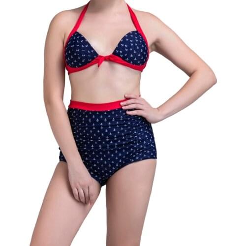 European Blue Dotted print Bikinis set high waisted hot female swimsuit retro halter summer swimwear vintage bandage beach wear
