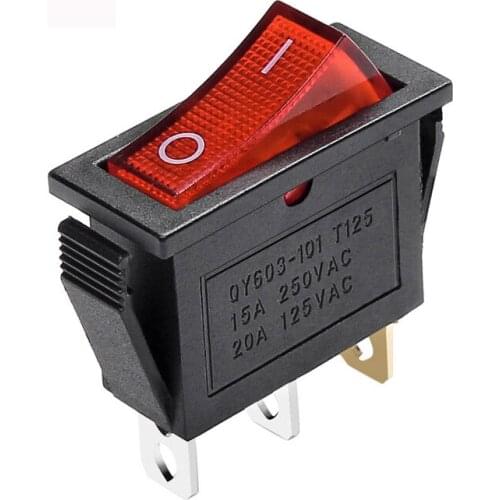 KCD3-101N Rocker Switch With Light 2 Position 3 Pins Speaker Switch 15A 250VAC 20A 125VAC Plastic Push Button Switch Red LED
