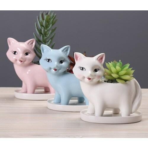 Nordic Creative Ceramic Cute Animal Kitten Cartoon Flower Pot Gardening Decoration Succulent Plant Pot